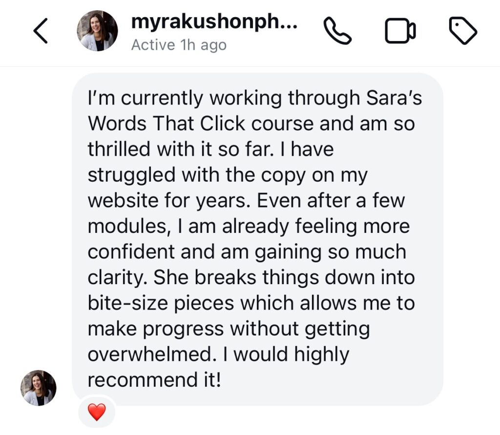 Testimonial from website copywriting course student